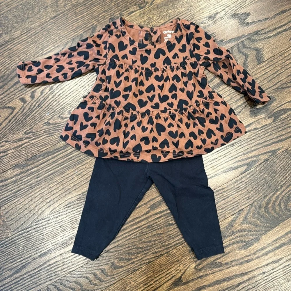 Carter’s Baby 6m black heart leopard tunic outfit set with matching blk legging